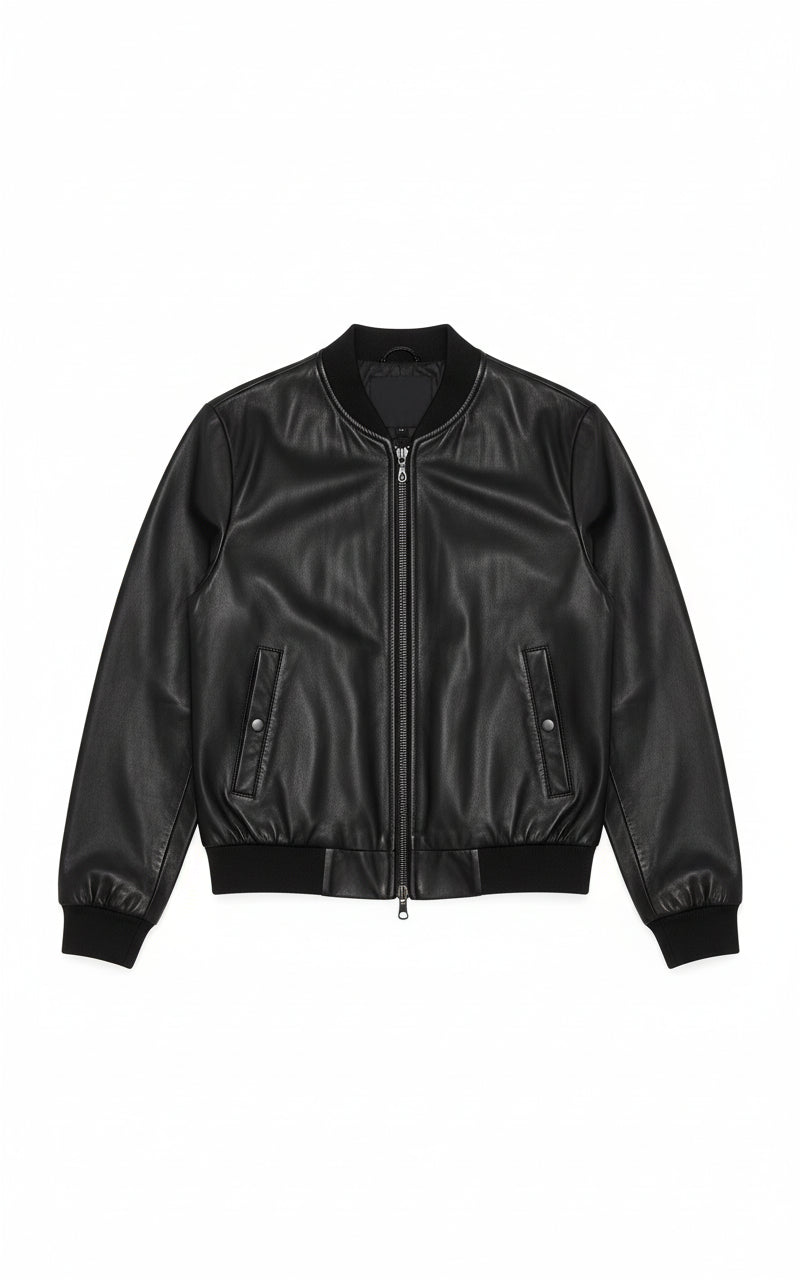 close-up-lay-flat - Women's Bomber Leather Jacket, Women's Leather Bomber, Leather Jacket for Women, Smooth Leather Bomber Jacket