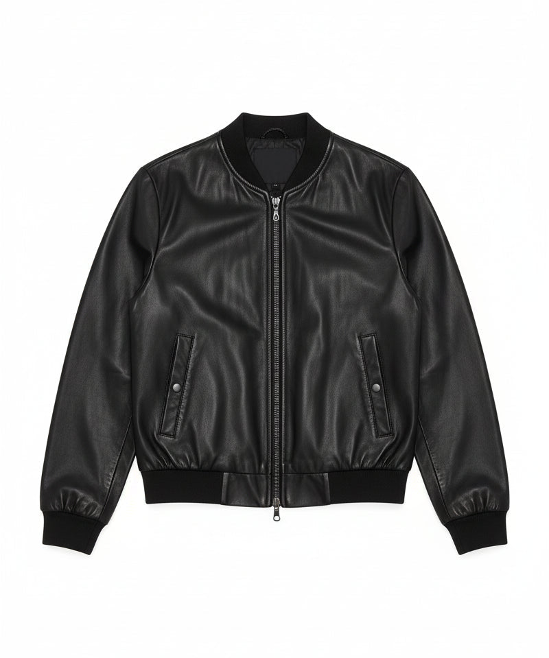 close-up-lay-flat - Women's Bomber Leather Jacket, Women's Leather Bomber, Leather Jacket for Women, Smooth Leather Bomber Jacket