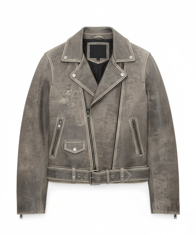 close-up-lay-flat - Women's Moto Jacket, Leather Motorcycle Jacket, Women's Biker Leather Jacket, Distressed Leather Moto Jacket