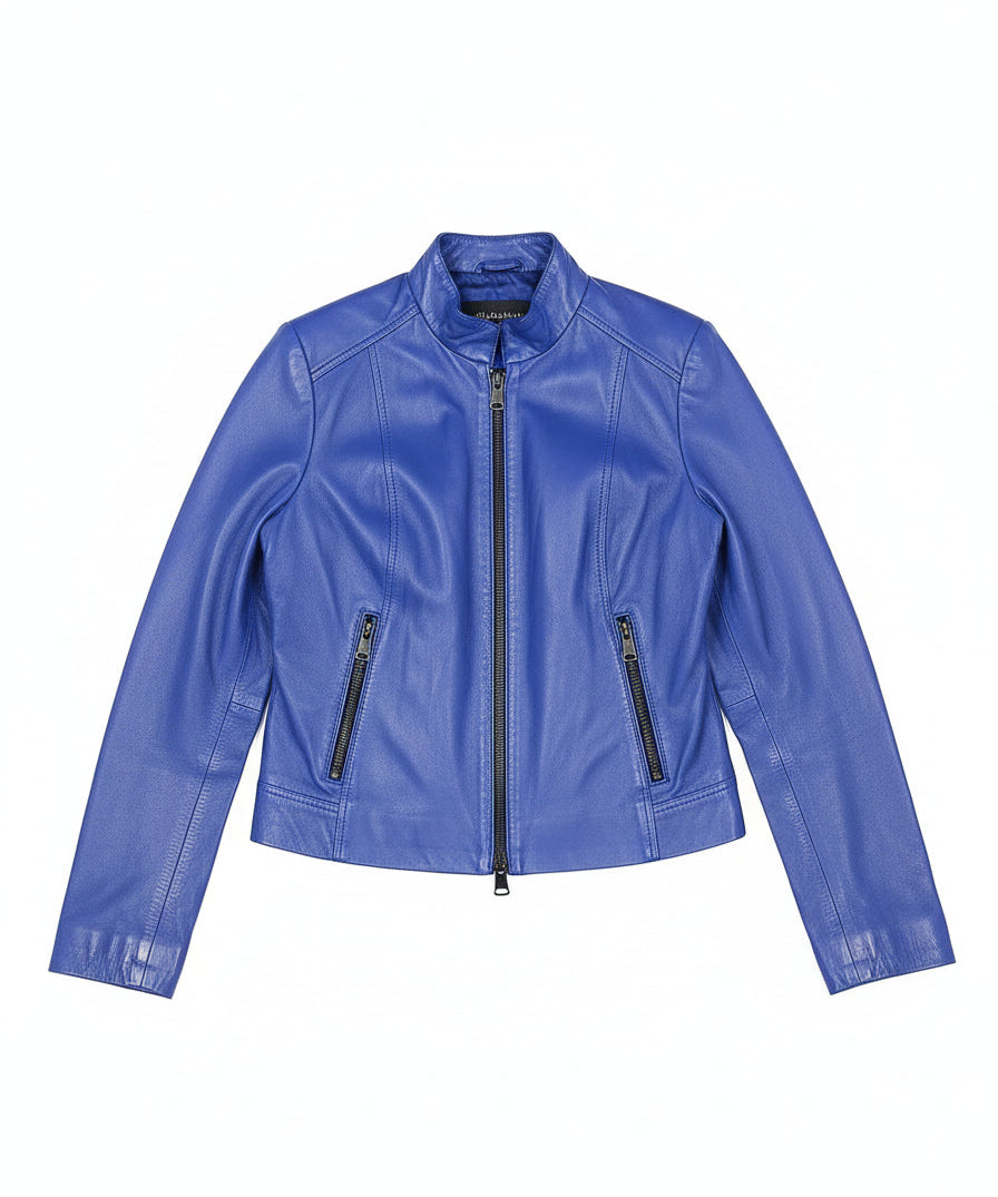 close-up-lay-flat - Women's Moto Leather Jacket, Bright Blue Biker Jacket, Stylish Leather Motorcycle Jacket, Handmade Women's Leather Jacket