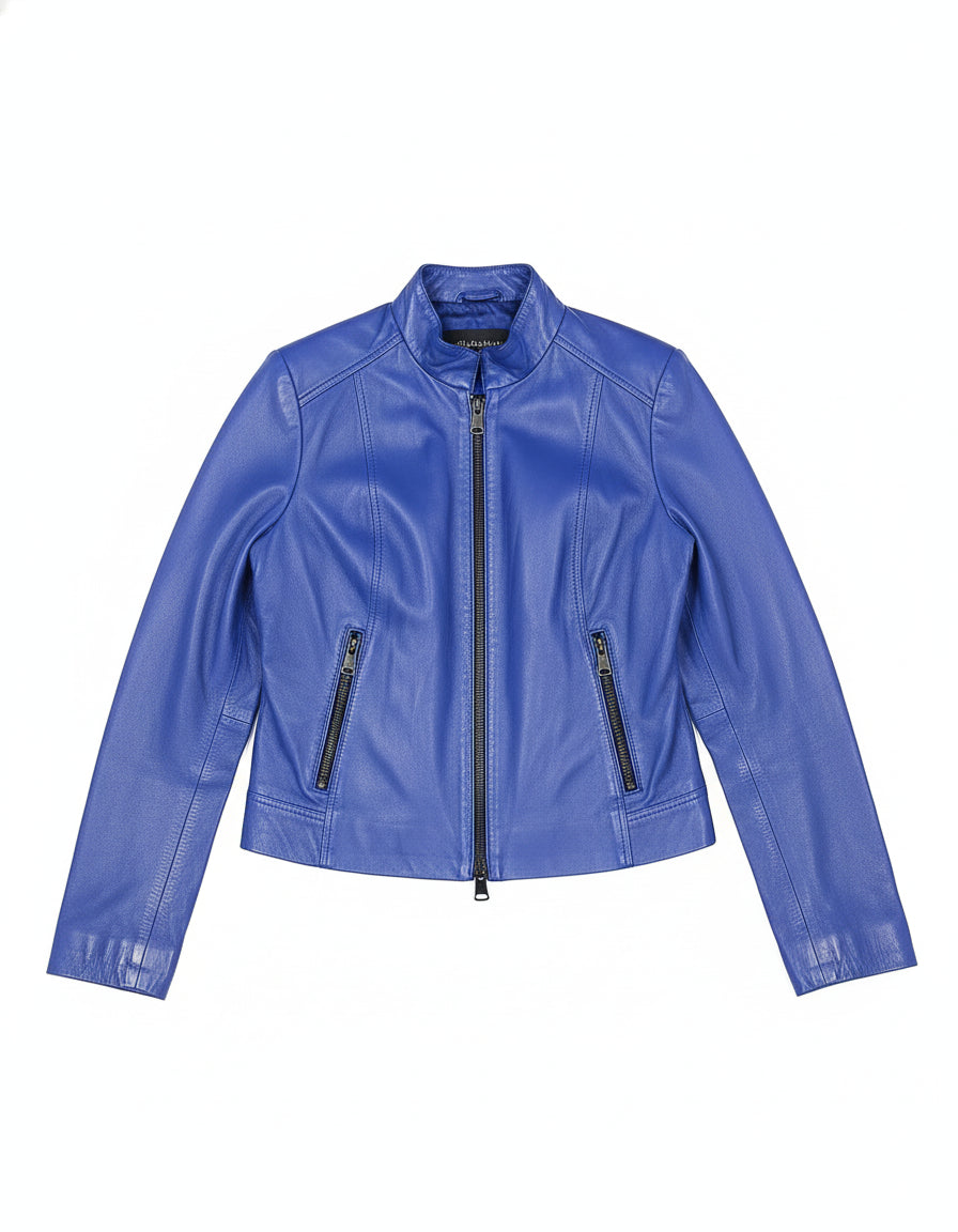 close-up-lay-flat - Women's Moto Leather Jacket, Bright Blue Biker Jacket, Stylish Leather Motorcycle Jacket, Handmade Women's Leather Jacket