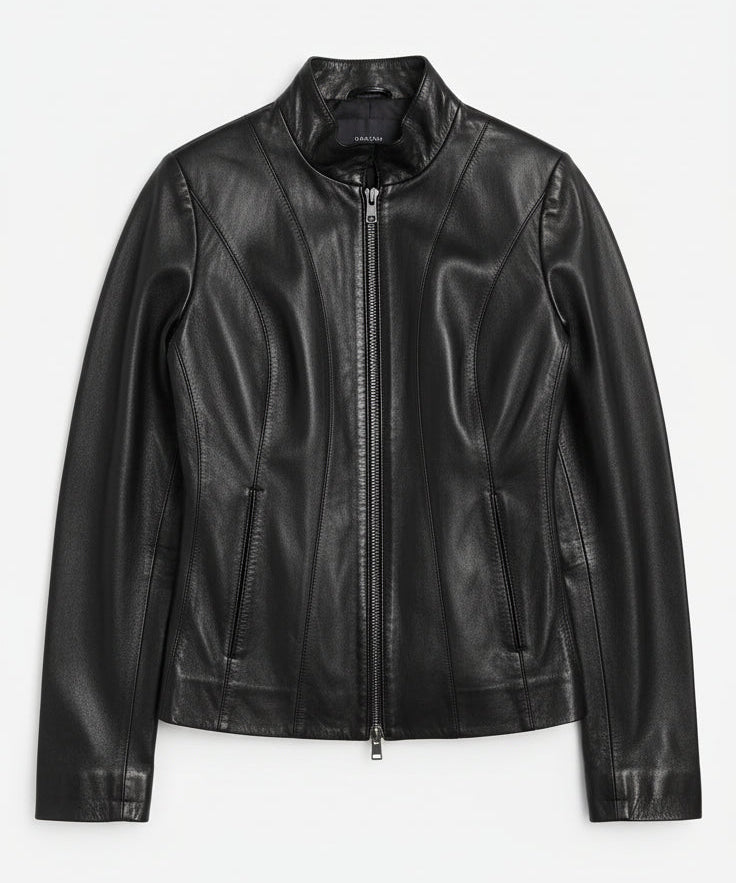 close-up-lay-flat - Women's Racer Leather Jacket, Women's Moto Jacket, Leather Biker Jacket, Women's Motorcycle Jacket