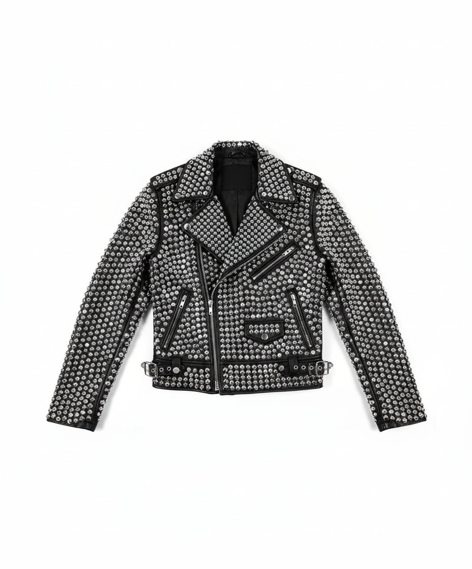 close-up-lay-flat - Womens Rock star All over Silver Studded Cowhide Leather Moto Jacket