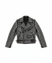 close-up-lay-flat - Womens Rock star All over Silver Studded Cowhide Leather Moto Jacket