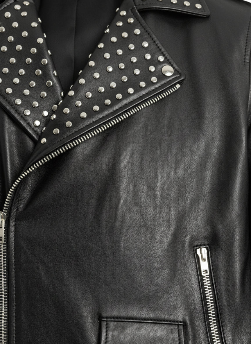 close-up-leather - Fashion Leather Silver Studded Real Soft Leather Biker Style Jacket For Men