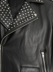close-up-leather - Fashion Leather Silver Studded Real Soft Leather Biker Style Jacket For Men