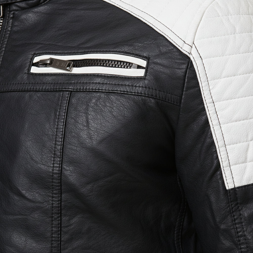 close-up-leather - Handmade Mens black and white slim fit biker jacket, Men leather Jacket