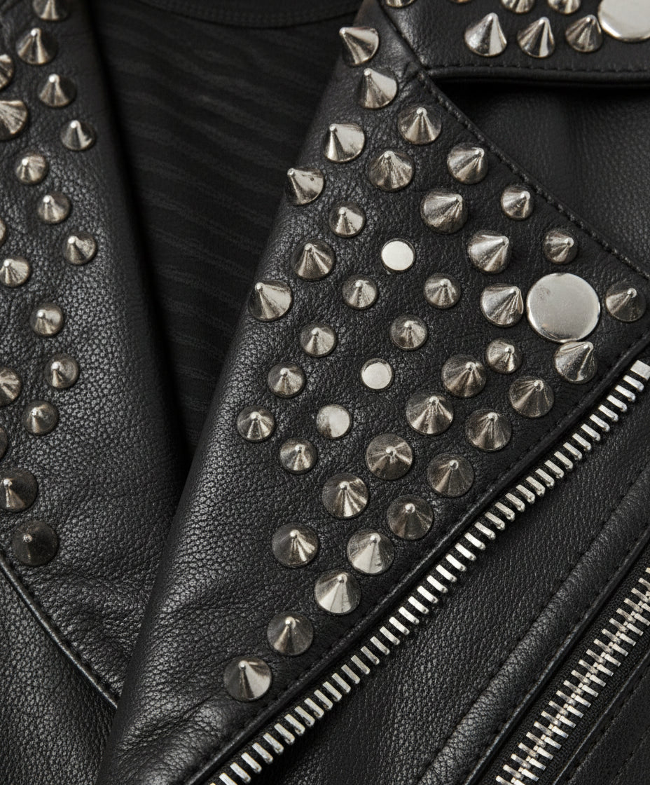 close-up-leather - Men Casual Black Silver Studded Rocker Punk Style Biker Leather Jacket
