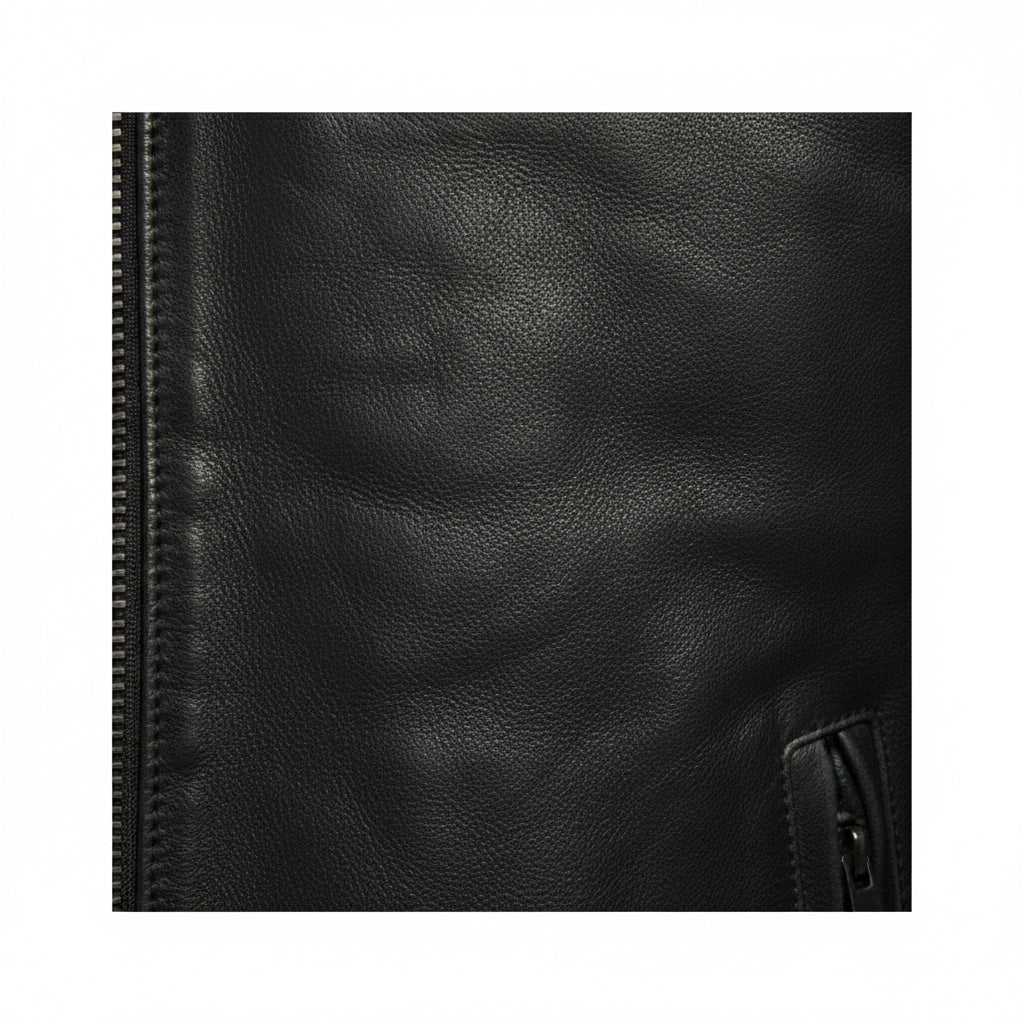 close-up-leather - Men's Cafe Racer Leather Jacket, Black Leather Jacket, Distressed Leather Jacket, Slim Fit Leather Jacket