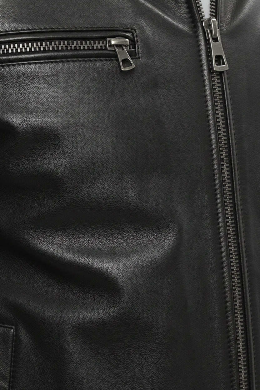 close-up-leather - Men's Cafe Racer Leather Jacket, Smooth Leather Biker Jacket, Men's Motorcycle Jacket, Leather Moto Jacket