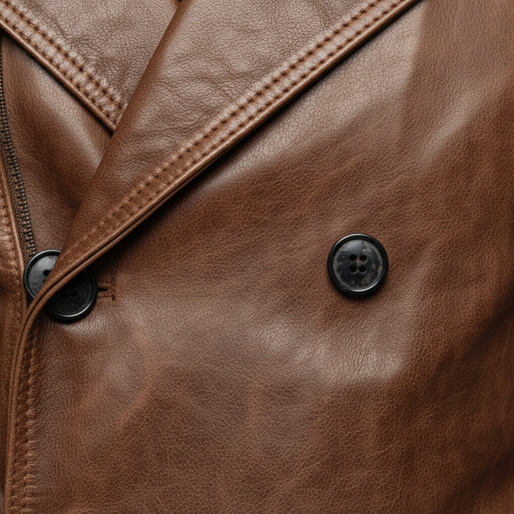 close-up-leather - Men's Double-Breasted Leather Pea Coat, Military-Inspired Leather Jacket, Leather Military Jacket