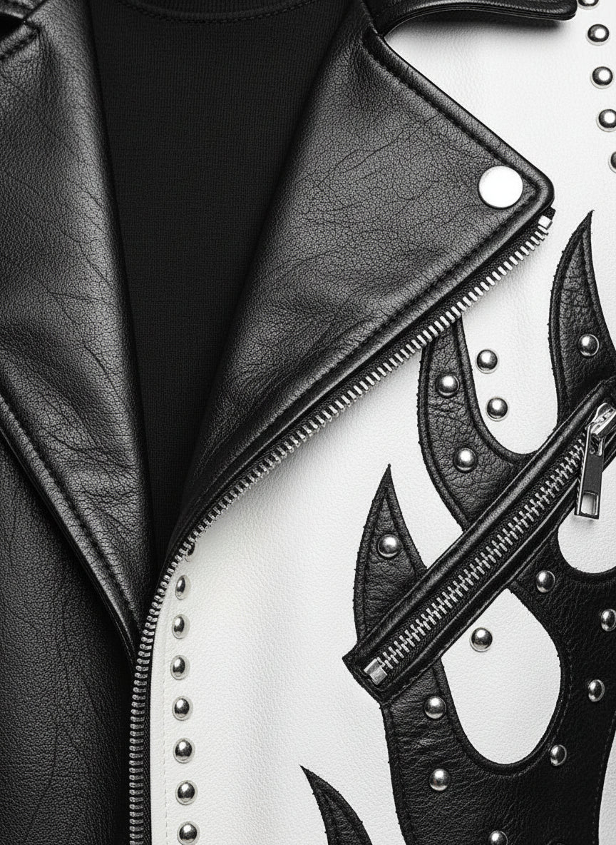 close-up-leather - Men's Two Tone Studded White Leather Biker Jacket