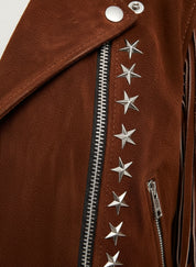 close-up-leather - Punk Women Brown Rock Style Studded Fringe Jacket, Biker Suede Jacket