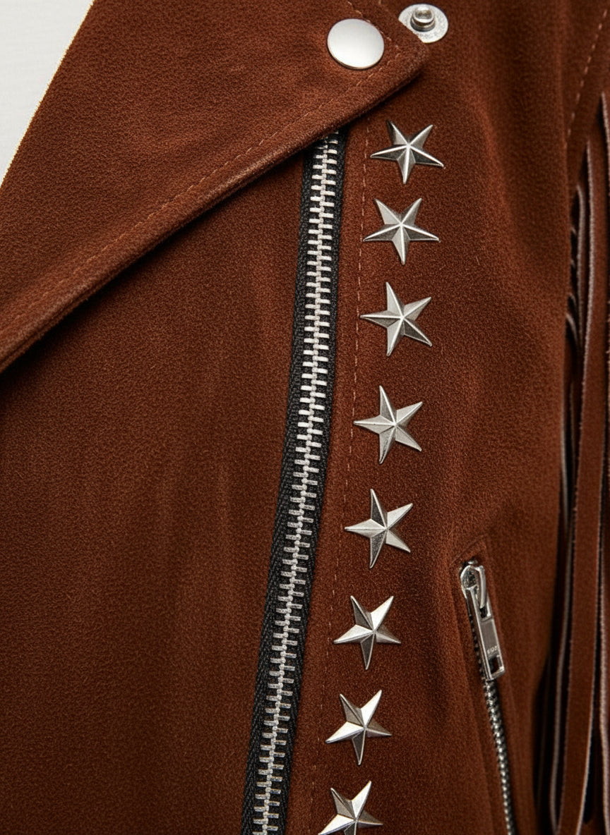 close-up-leather - Punk Women Brown Rock Style Studded Fringe Jacket, Biker Suede Jacket