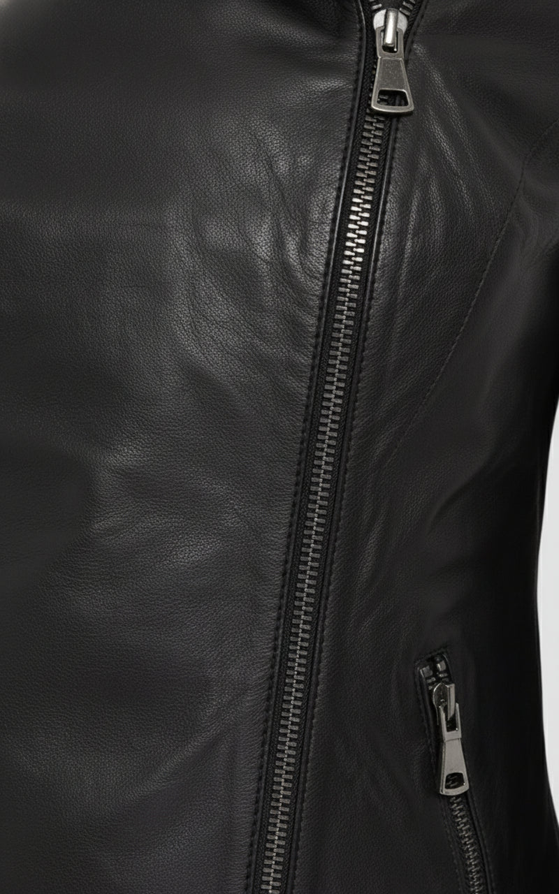 close-up-leather - Women's Asymmetrical Moto Leather Jacket, Leather Hooded Jacket, Women's Biker Jacket, Women's Motorcycle Jacket