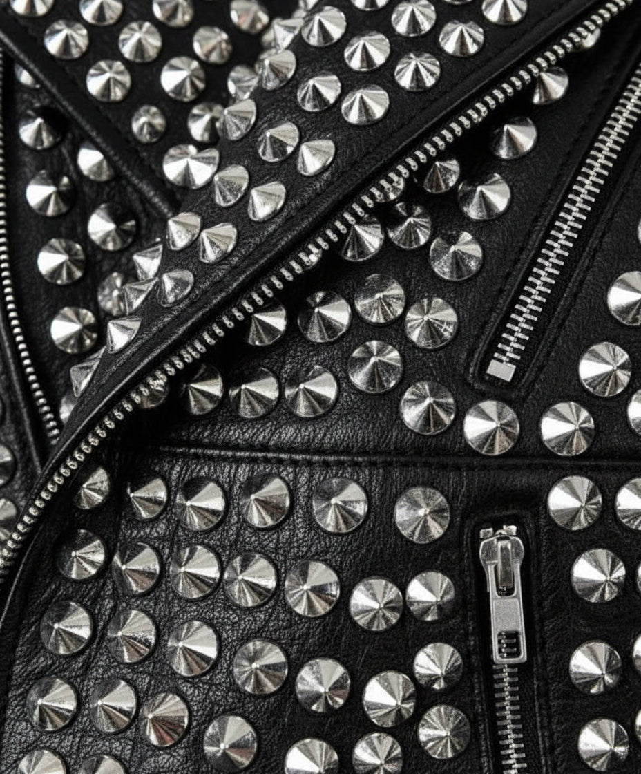 close-up-leather - Womens Rock star All over Silver Studded Cowhide Leather Moto Jacket