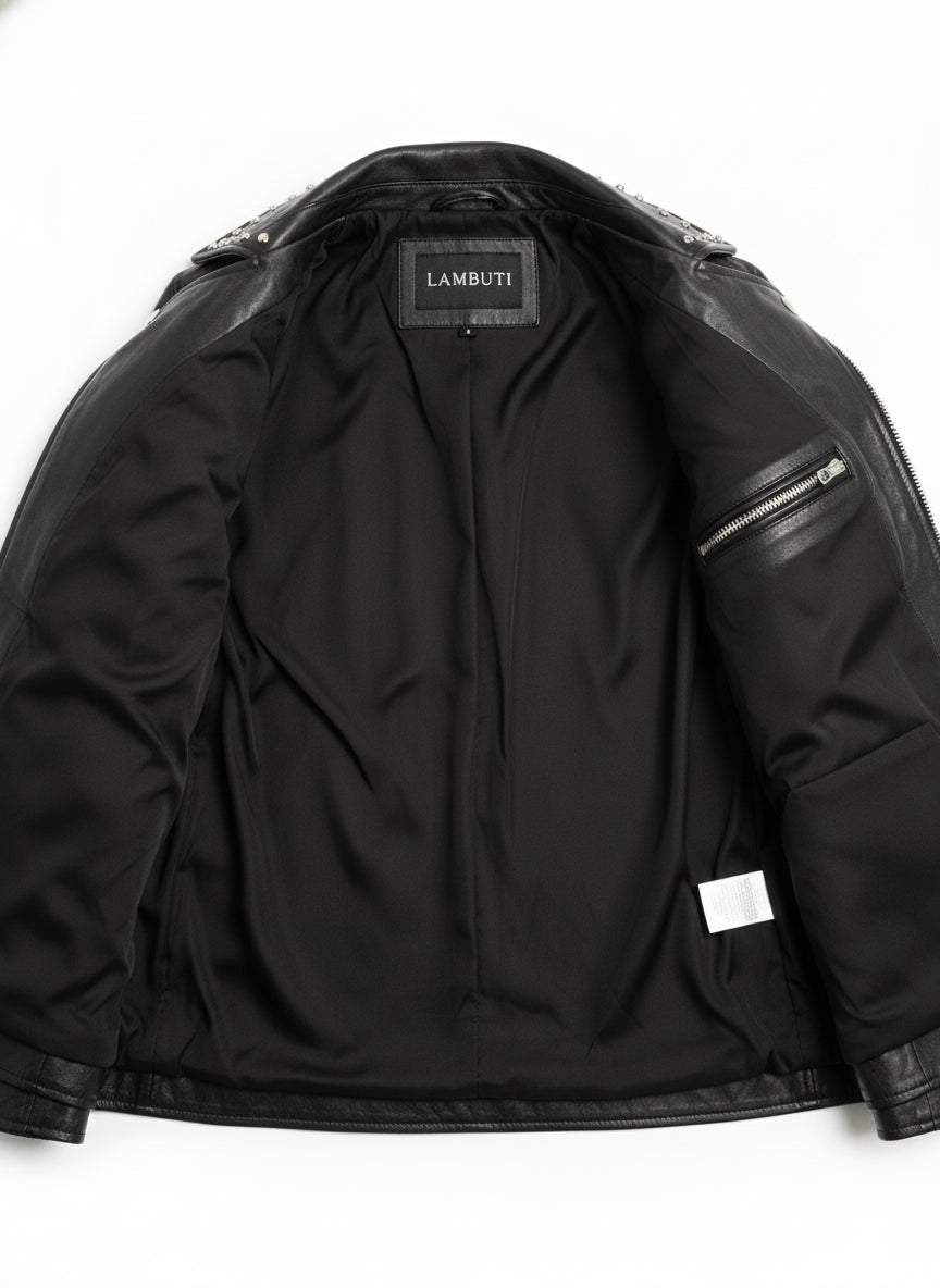 close-up-lining - Fashion Leather Silver Studded Real Soft Leather Biker Style Jacket For Men