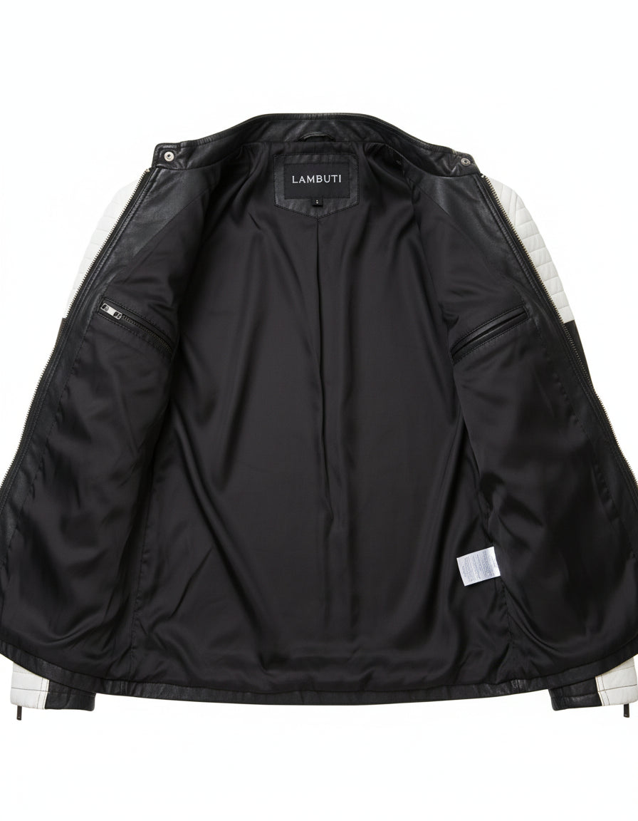 close-up-lining - Handmade Mens black and white slim fit biker jacket, Men leather Jacket