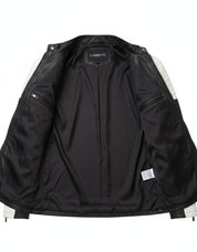 close-up-lining - Handmade Mens black and white slim fit biker jacket, Men leather Jacket