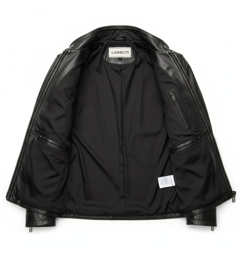 close-up-lining - Men black Leather Motorcycle Jacket, Black biker leather Jacket