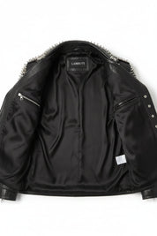 close-up-lining - Men Casual Black Silver Studded Rocker Punk Style Biker Leather Jacket