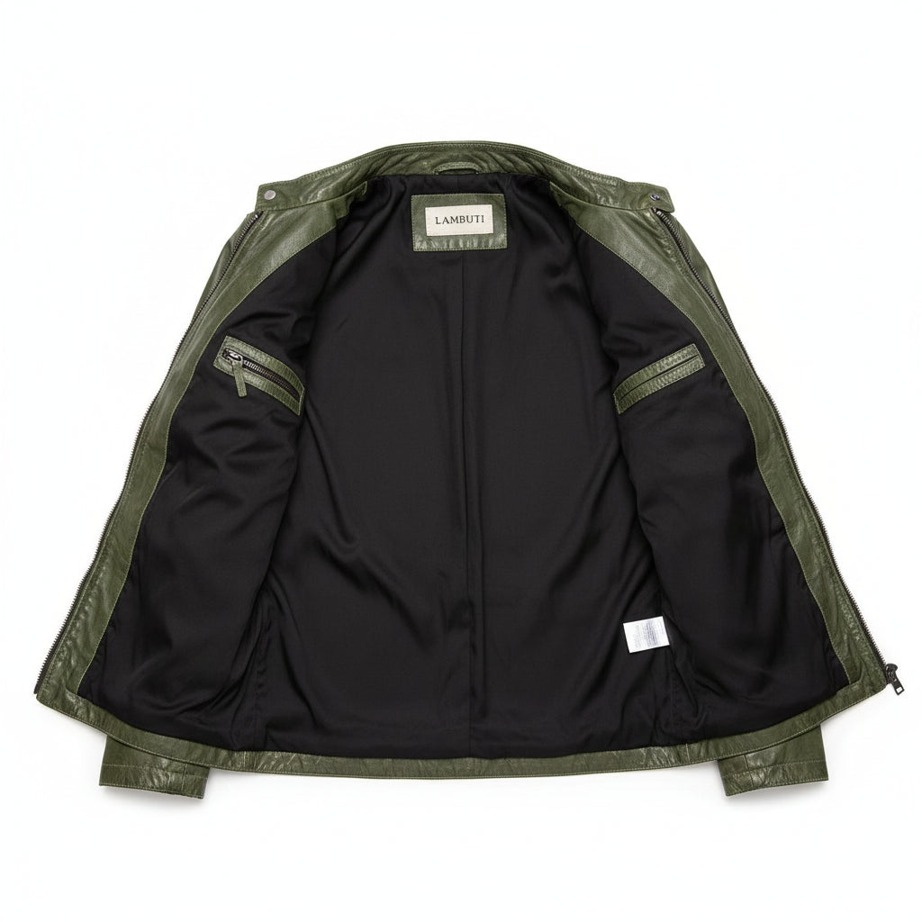 close-up-lining - Men Green Slim fit leather jacket, real leather biker jacket