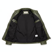 close-up-lining - Men Green Slim fit leather jacket, real leather biker jacket