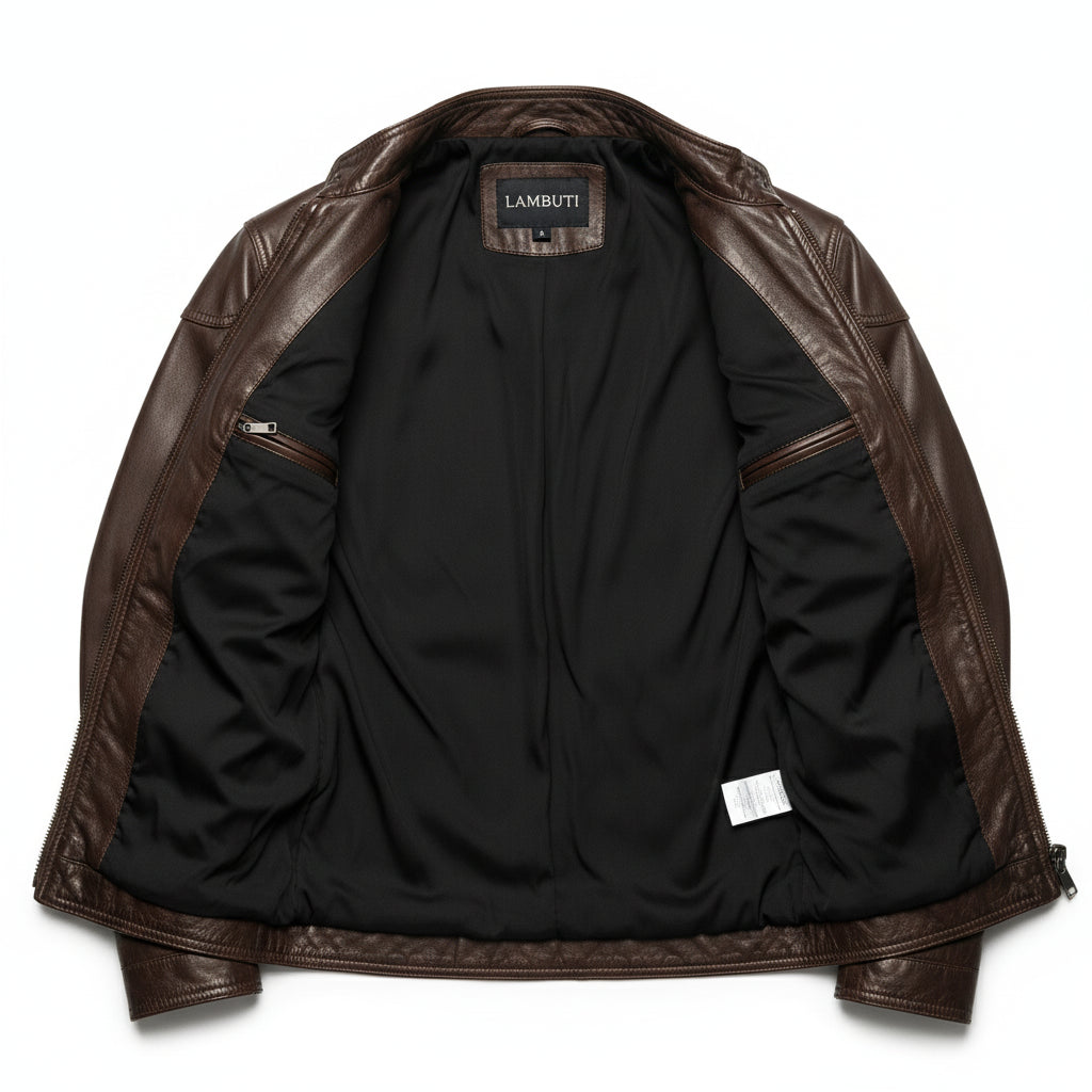 close-up-lining - Men Slim Fit Leather Jacket, Jackets, antique brown Leather Jacket