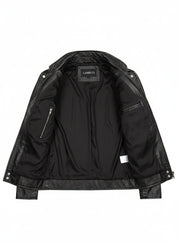 close-up-lining - Men Stand Collar Leather Jacket, Black Jacket, 's Biker Leather Jackets