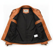 close-up-lining - Men Tan Western Style Leather Jacket ,Cowboy Cowhide Leather Fringe Jacket
