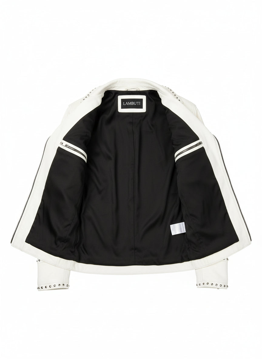 close-up-lining - Men White Studded Leather Jacket, Motorcycle Fashion Leather Jackets