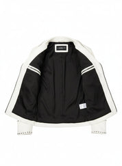 close-up-lining - Men White Studded Leather Jacket, Motorcycle Fashion Leather Jackets