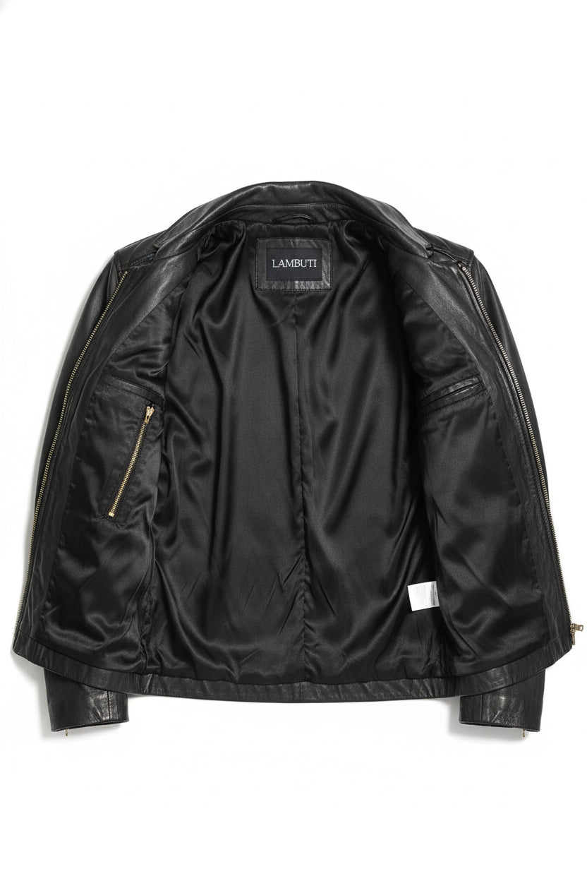 close-up-lining - Men's Black Leather Motorcycle Jacket
