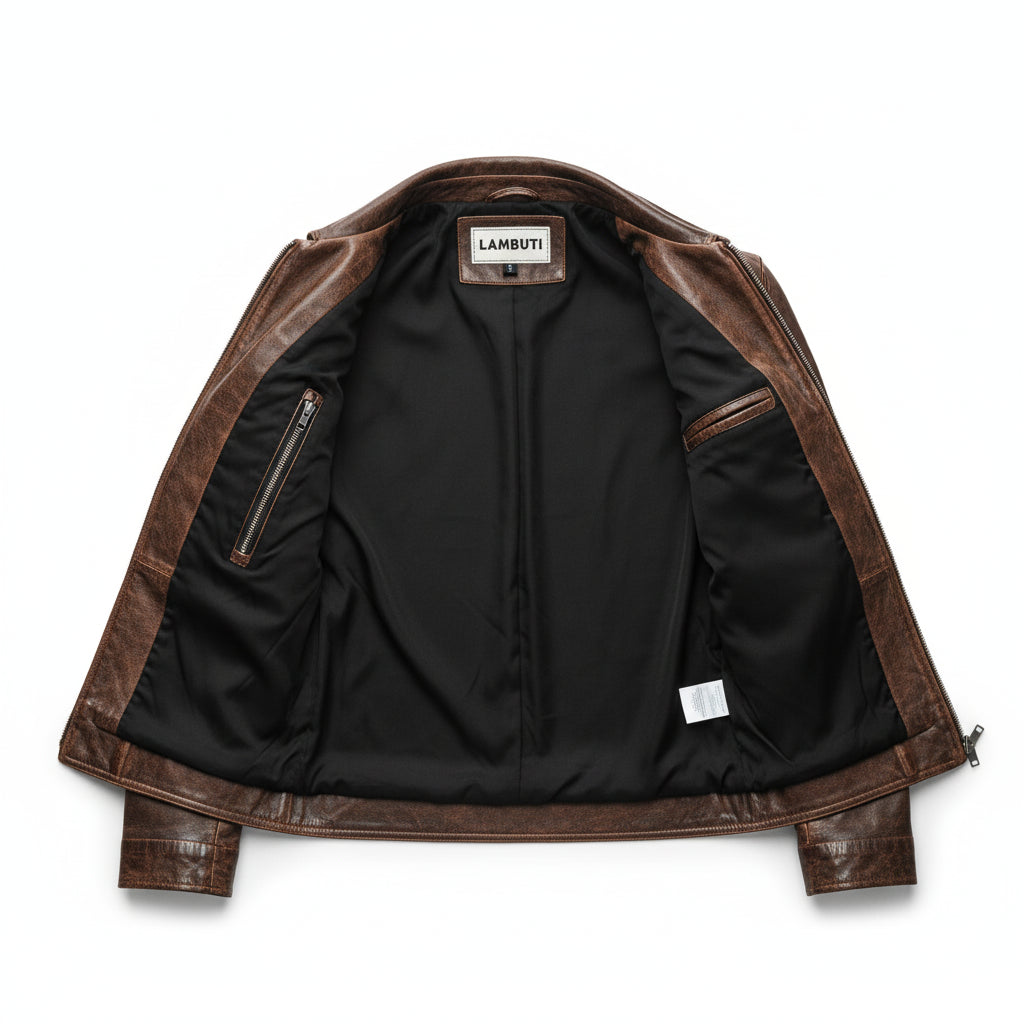 close-up-lining - Men's Cafe Racer Field Jacket, Leather Motorcycle Jacket, Handmade Biker Jacket, Distressed Leather Jacket