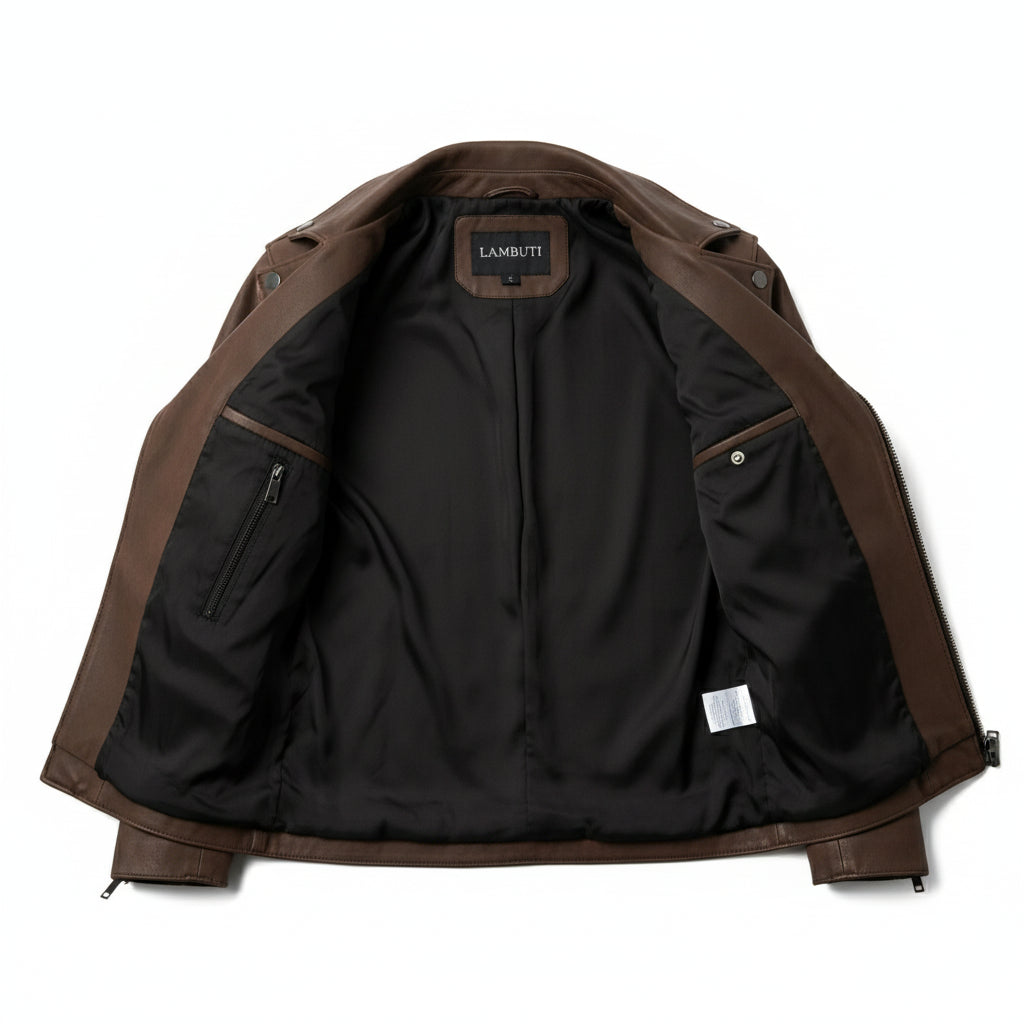 close-up-lining - Men's Cafe Racer Leather Jacket, Biker Jacket, Leather Moto Jacket, Handmade Motorcycle Jacket