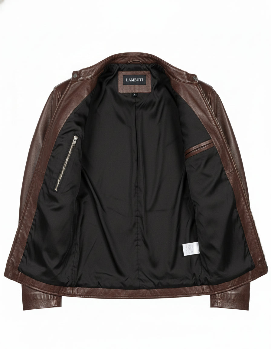 close-up-lining - Men's Cafe Racer Leather Jacket, Biker Leather Jacket, Motorcycle Leather Jacket, Leather Moto Jacket