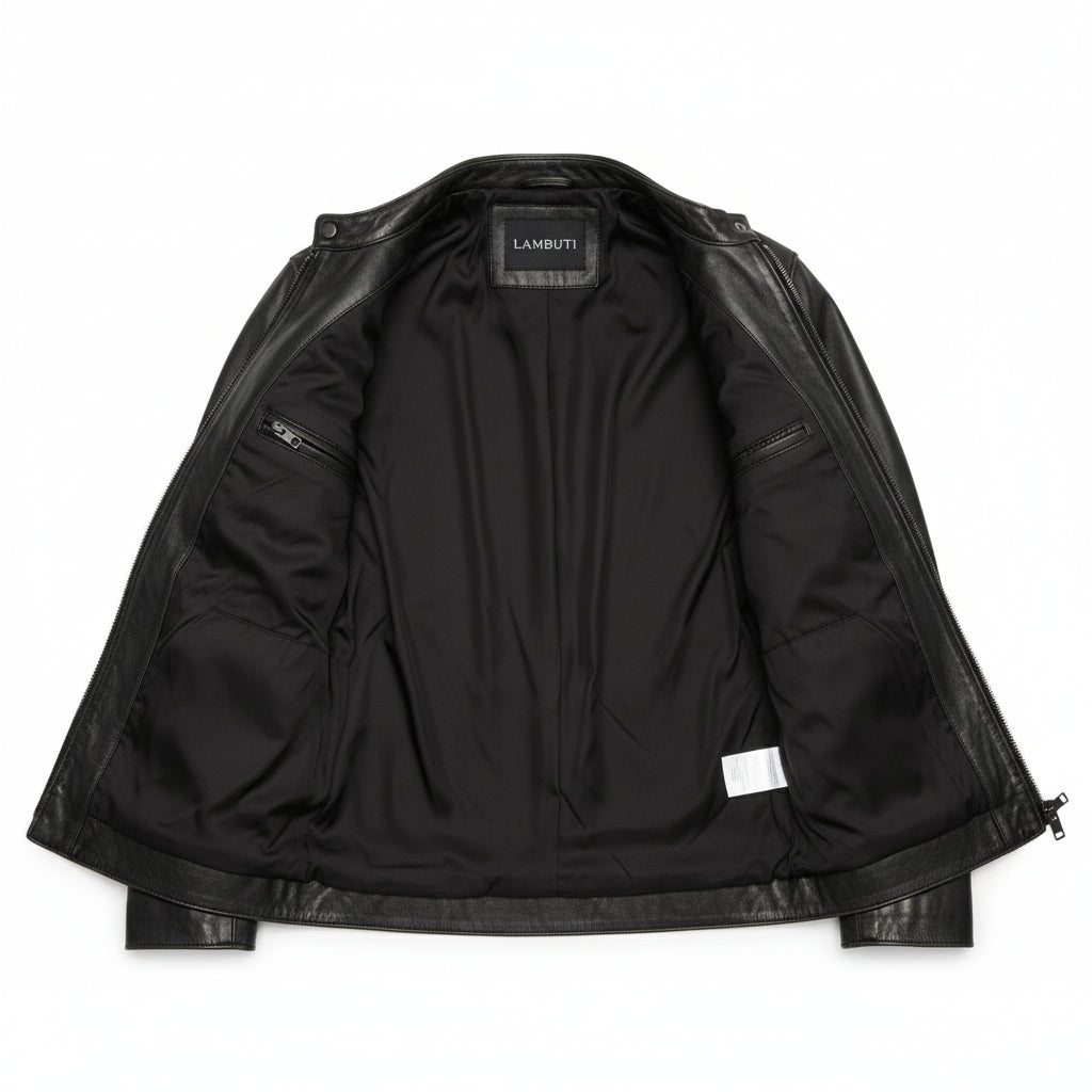 close-up-lining - Men's Cafe Racer Leather Jacket, Black Leather Jacket, Distressed Leather Jacket, Slim Fit Leather Jacket