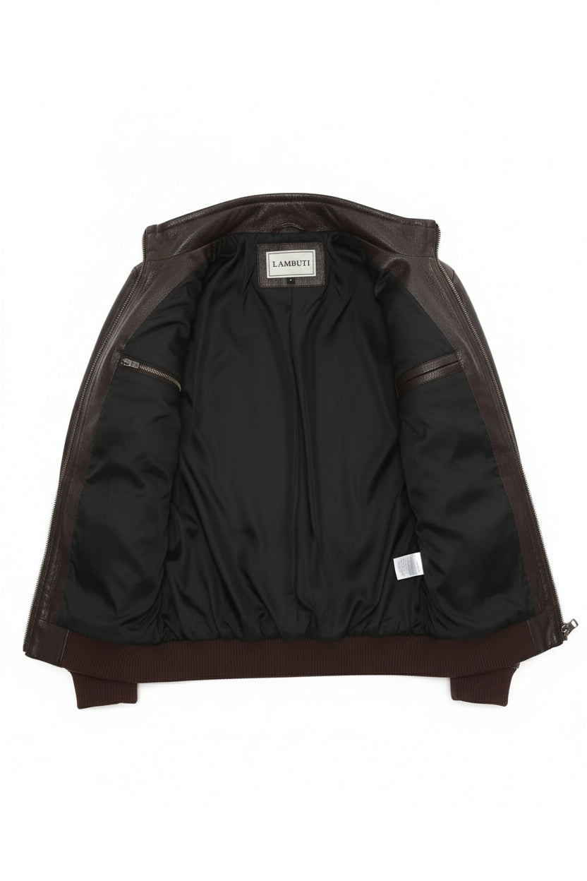 close-up-lining - Men's Cafe Racer Leather Jacket, Leather Biker Jacket, Smooth Leather Moto Jacket