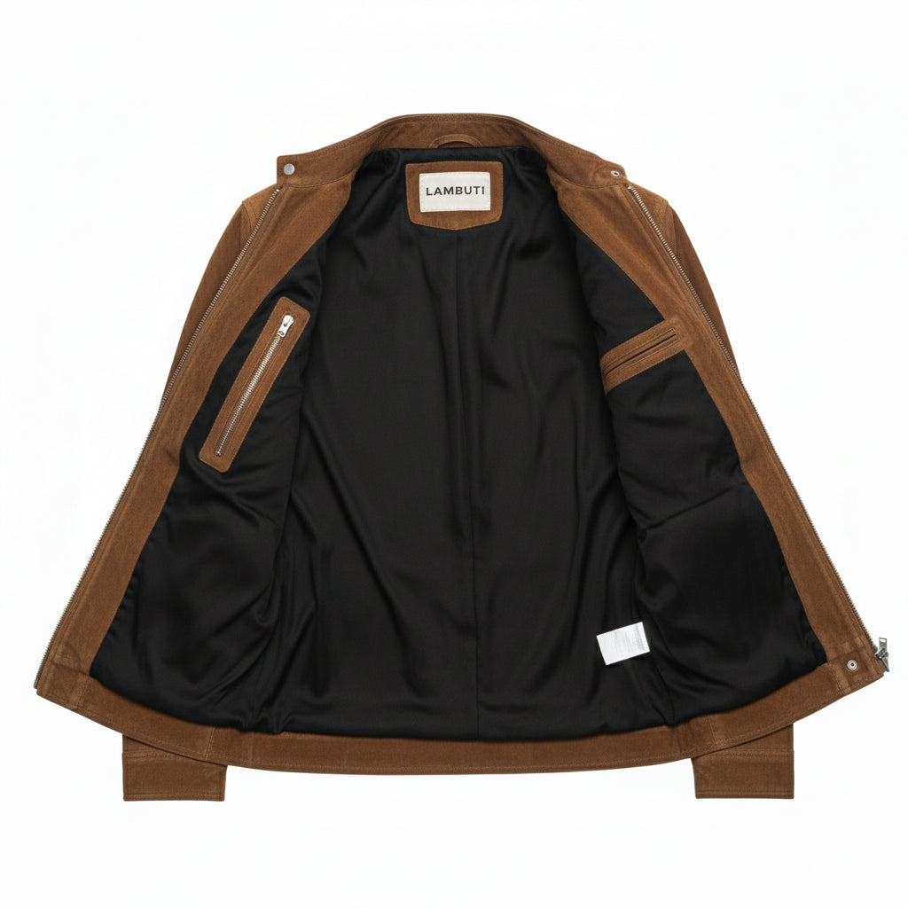 close-up-lining - Men's Cafe Racer Suede Jacket, Suede Biker Jacket, Men's Motorcycle Jacket, Brown Suede Moto Jacket