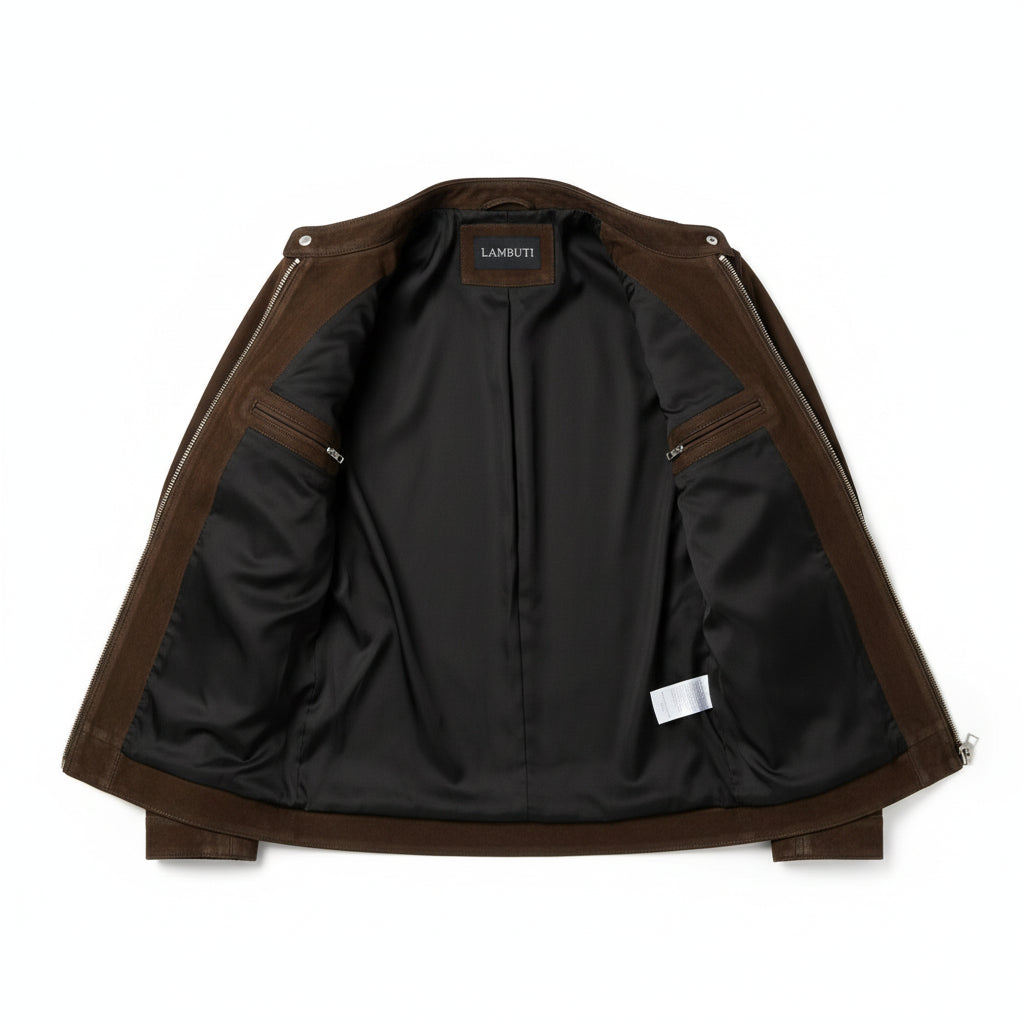 close-up-lining - Men's Cafe Racer Suede Jacket, Suede Biker Jacket, Suede Motorcycle Jacket, Men's Racer Style Jacket
