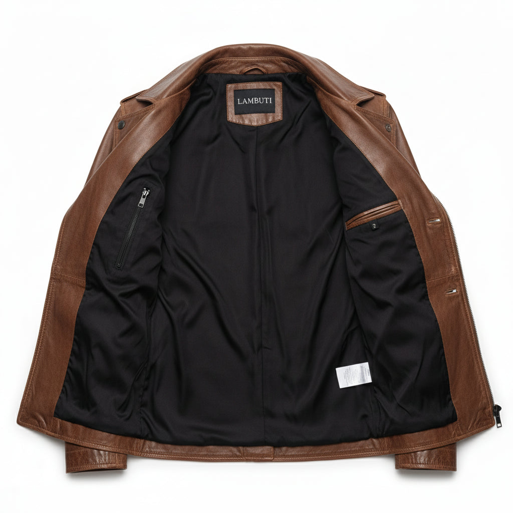 close-up-lining - Men's Double-Breasted Leather Pea Coat, Military-Inspired Leather Jacket, Leather Military Jacket