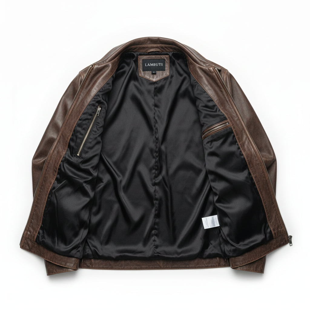 close-up-lining - Men's Field Jacket Leather Jacket, Leather Trucker Jacket, Men's Outdoor Leather Jacket, Distressed Leather Jacket