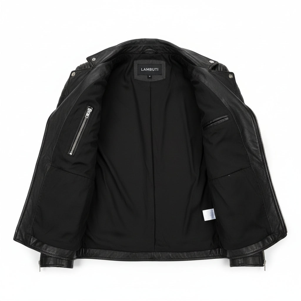 close-up-lining - Mens Genuine Real Lambskin Leather Motorcycle Jacket, New Motorcycle Jacket