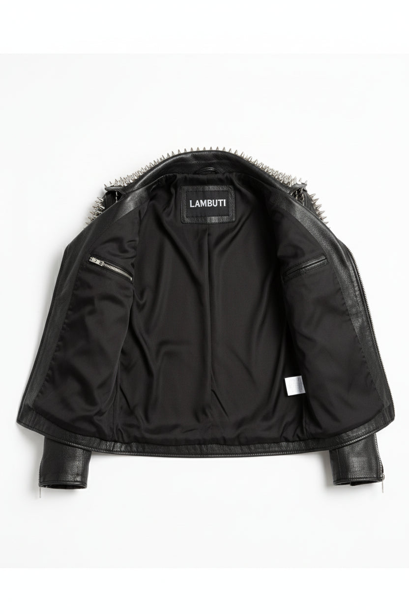 close-up-lining - Men's Long Spiked Studded Leather Jacket - Black & Silver