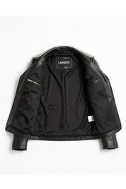 close-up-lining - Men's Long Spiked Studded Leather Jacket - Black & Silver