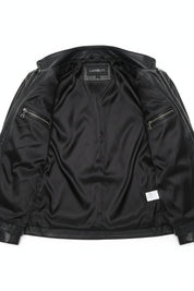 close-up-lining - Men's Racer Leather Jacket, Black Leather Jacket, Cafe Racer Jacket, Slim Fit Biker Jacket