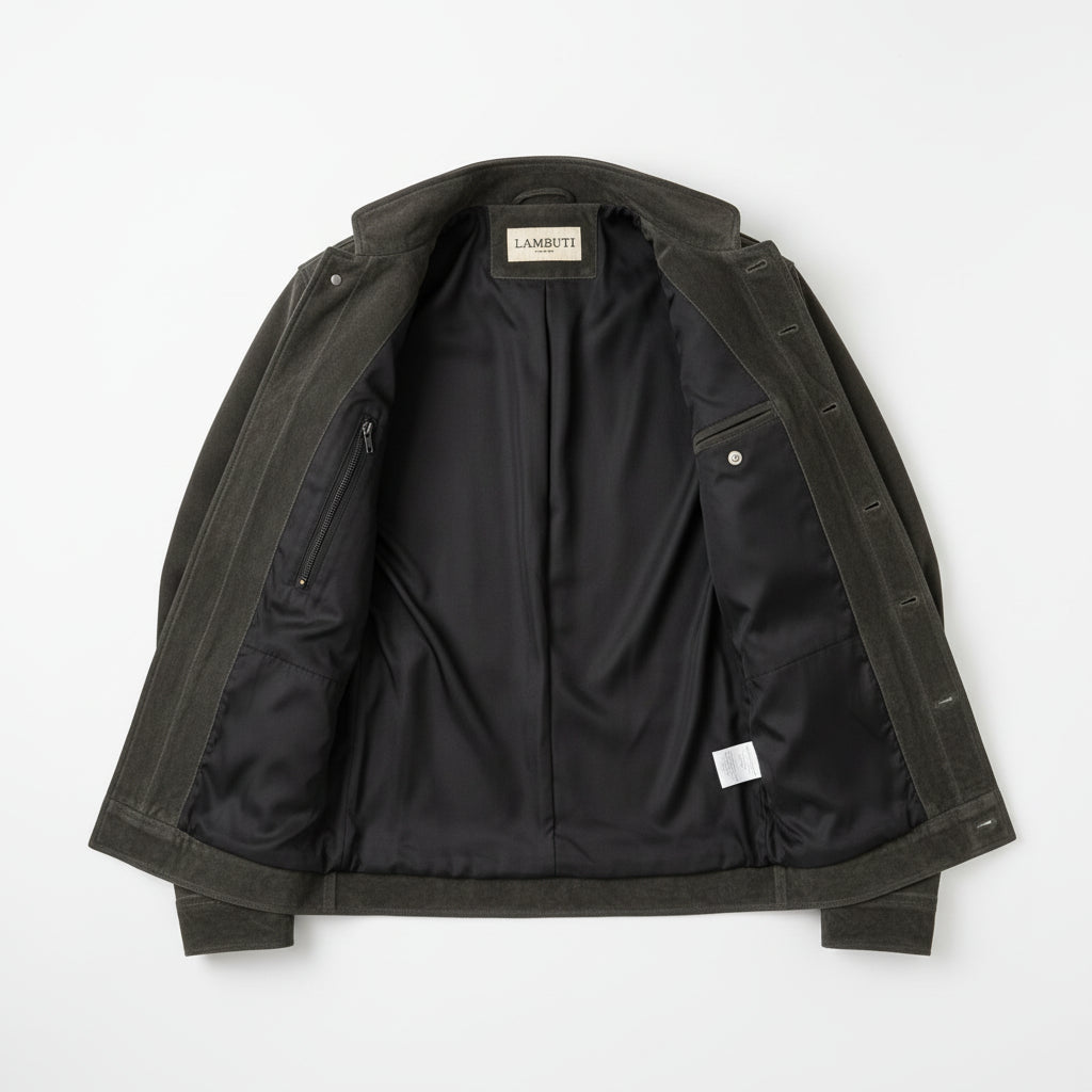 close-up-lining - Men's Shirt Jacket, Men's Utility Jacket, Olive Green Suede Jacket, Casual Suede Jacket