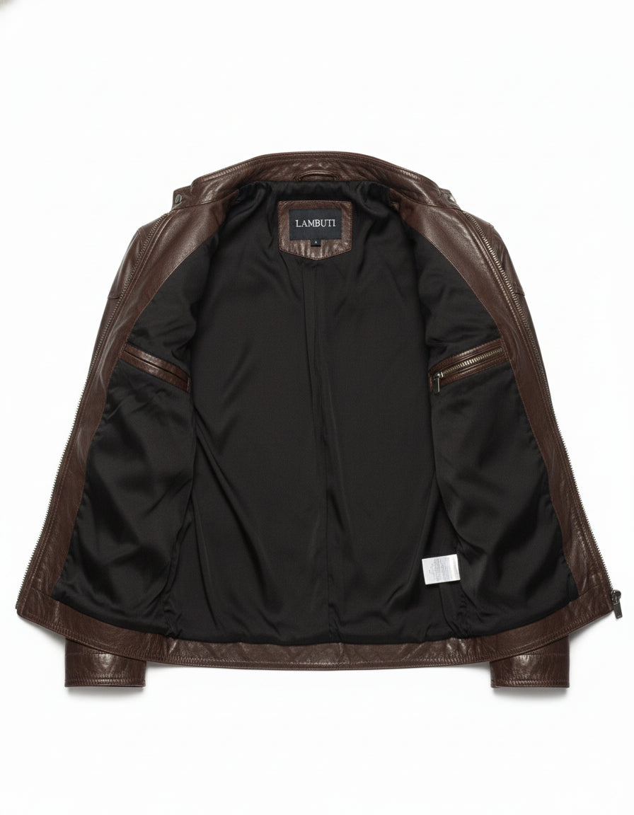 close-up-lining - Men's Slim Fit Brown Leather Jacket
