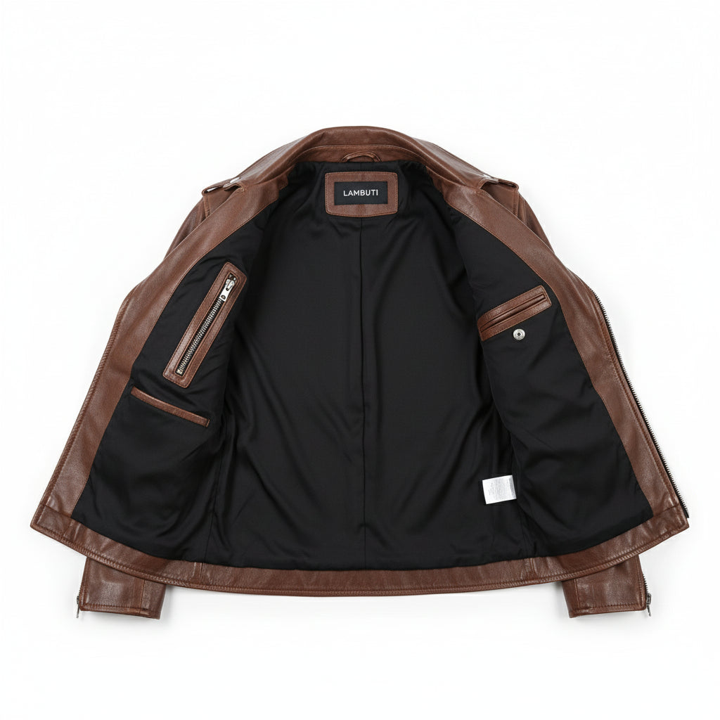 close-up-lining - Men's Slim Fit Brown Motorcycle Leather Jacket