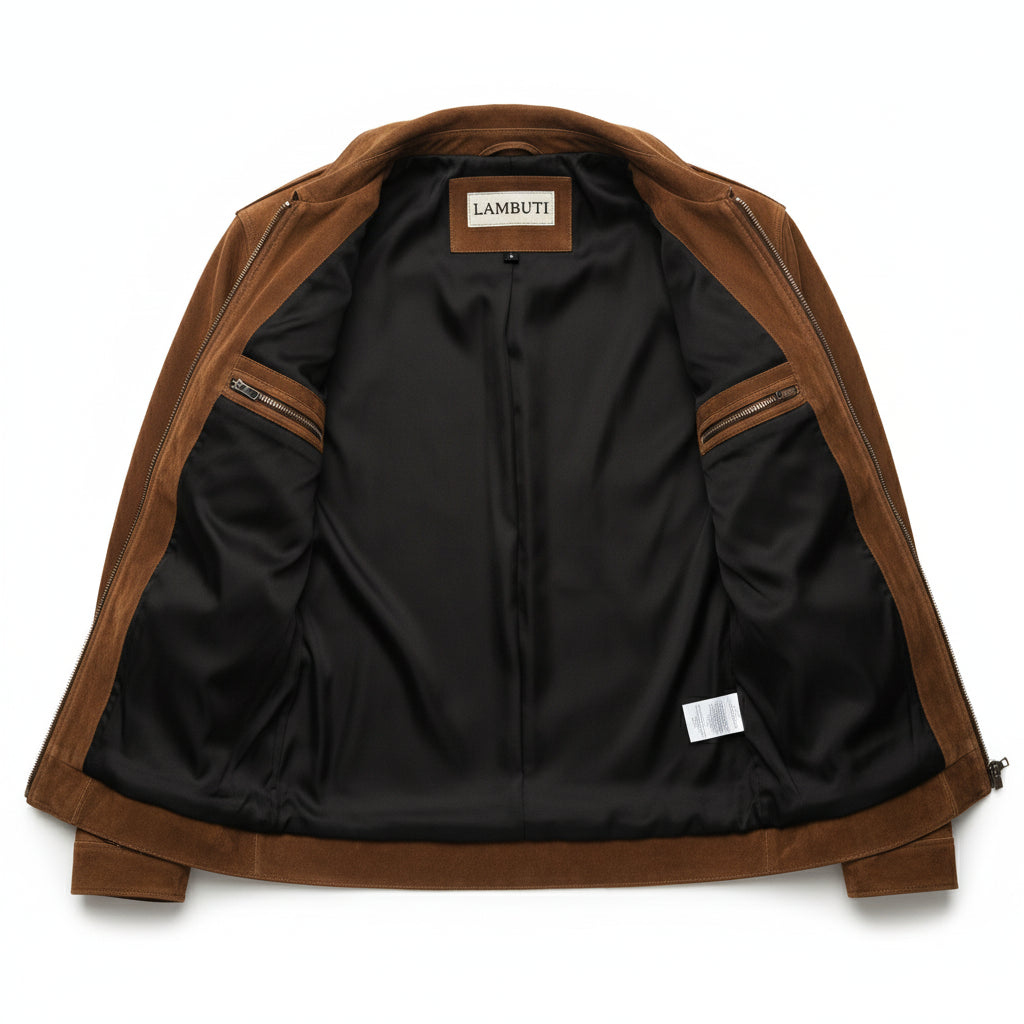 close-up-lining - Men's Trucker Suede Jacket, Suede Biker Jacket, Men's Casual Suede Jacket, Suede Moto Jacket
